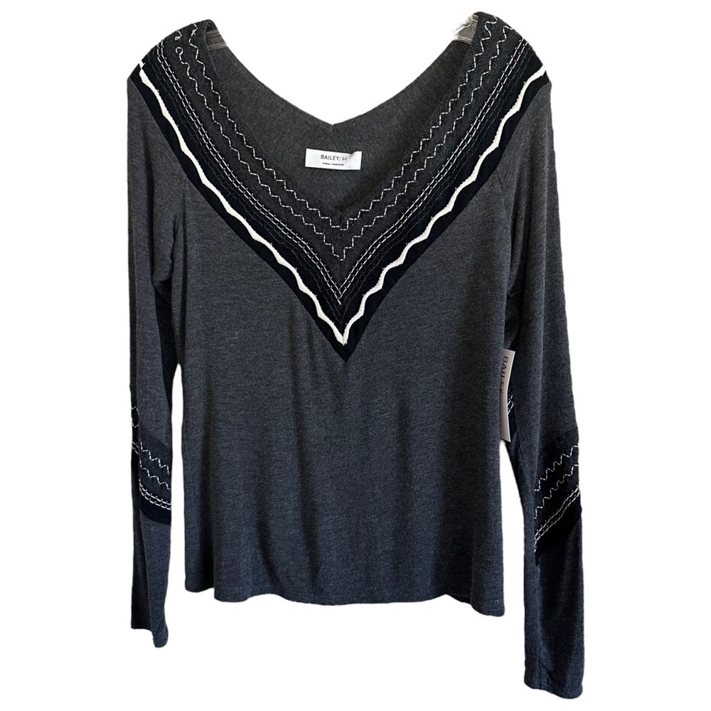 NWT Bailey 44 Charcoal Whipstitch Chevron Sweater | Boho Western Southwestern